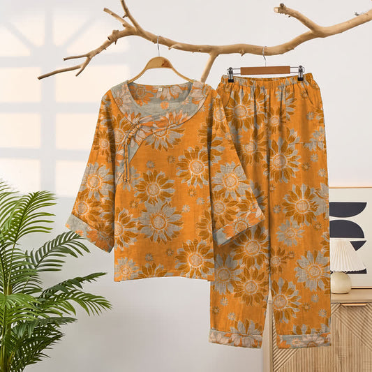Oriental Sunflower Cotton Pajama Set - Orange - XXL - image 0