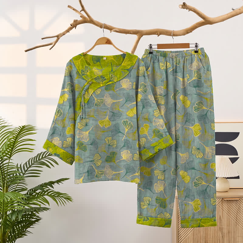 Oriental Ginkgo Leaf Cotton Pajama Set - Light Gray - XXL - image 6