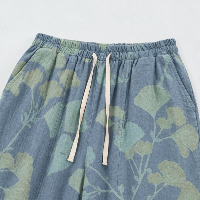 Retro Botanical Ginkgo Leaf Cotton Lounge Pants - image 2