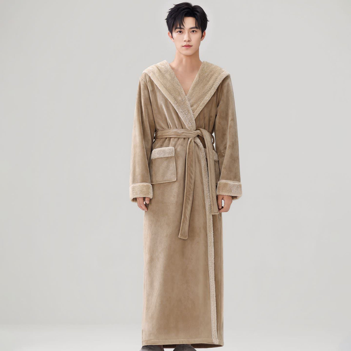 Cozy Plush Sherpa Hooded Long Bathrobe - Khaki - Men XL - image 4