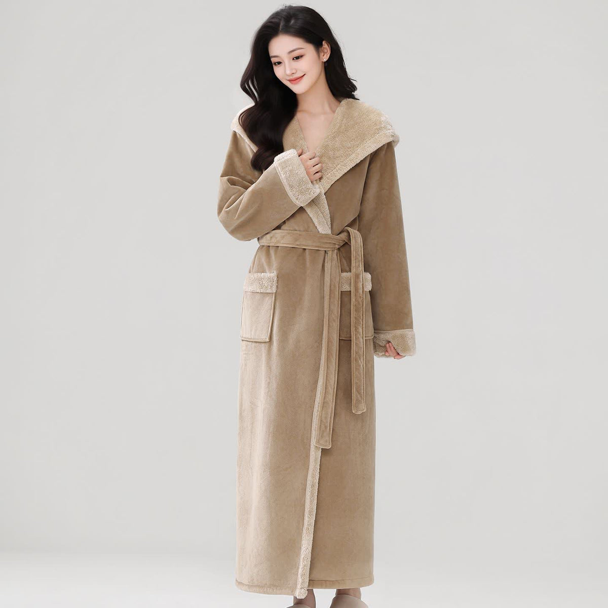 Cozy Plush Sherpa Hooded Long Bathrobe - Khaki - Women XL - image 3