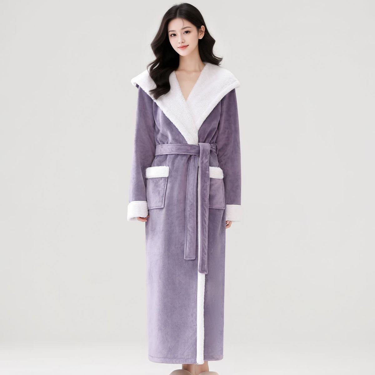 Cozy Plush Sherpa Hooded Long Bathrobe - Purple - Women XL - image 9