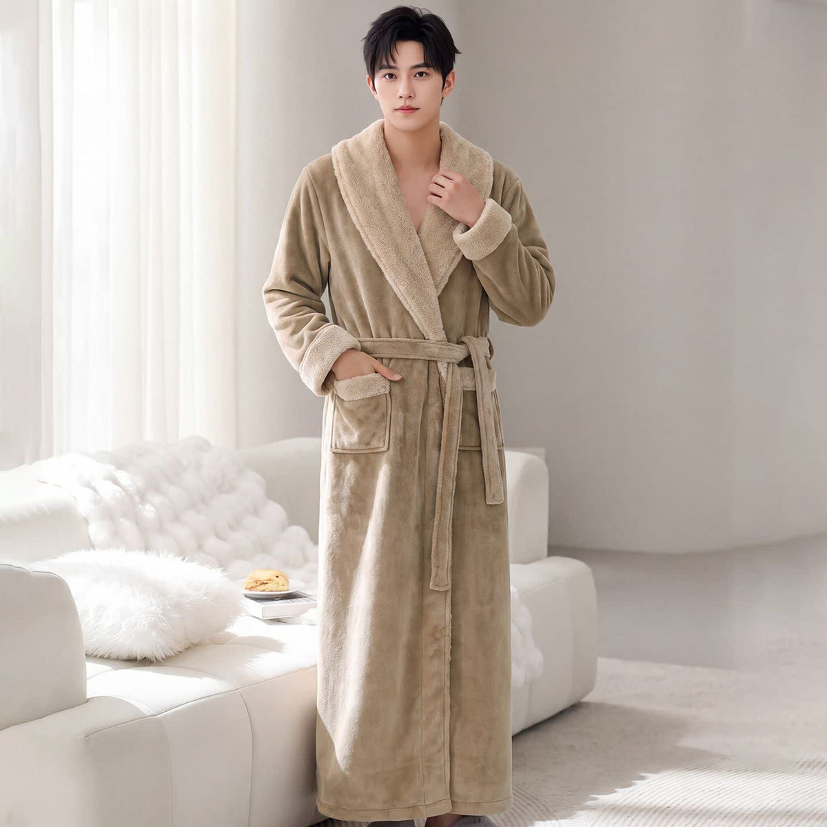 Cozy Shawl Collar Fleece Lounge Bathrobe - Khaki - Men XL - image 4