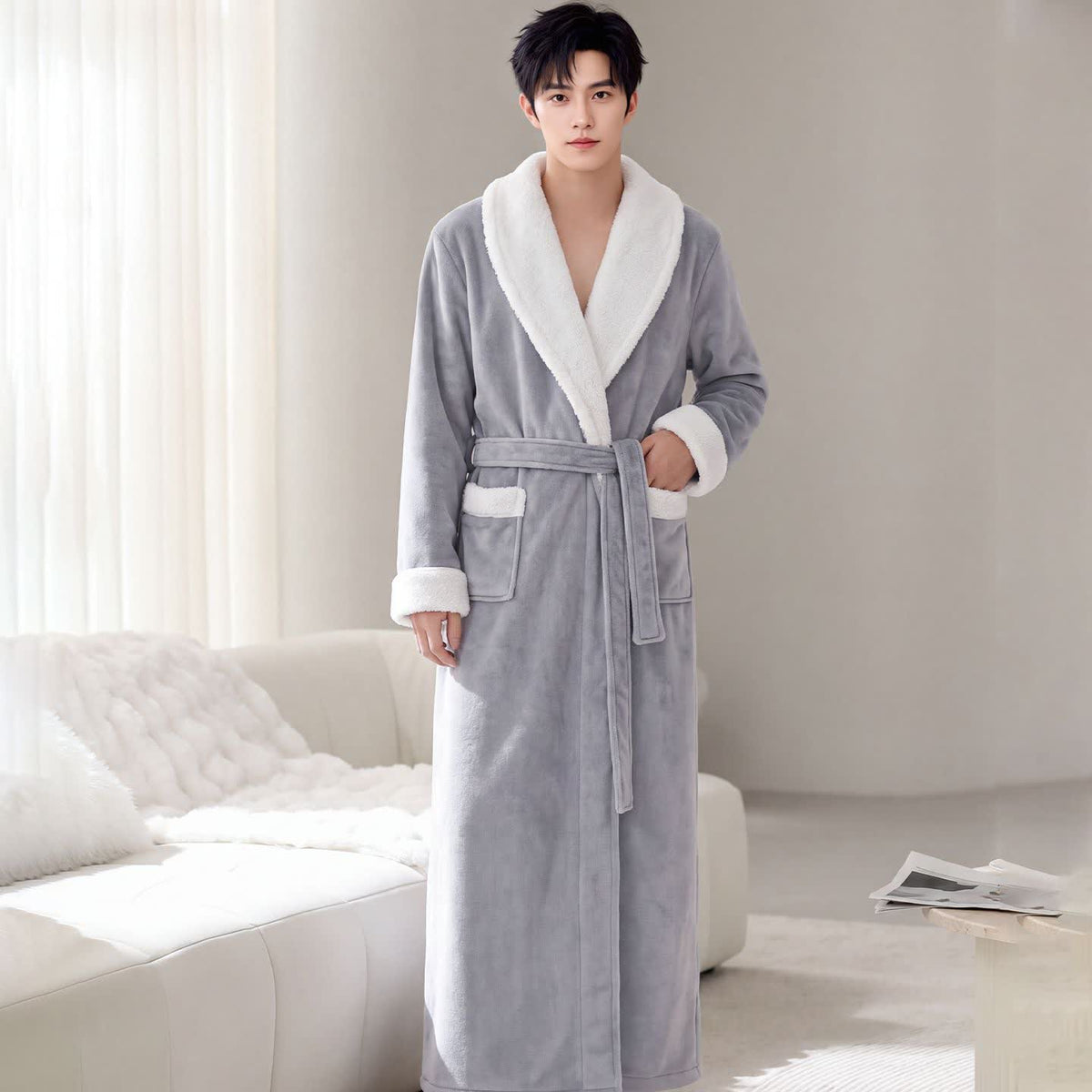 Cozy Shawl Collar Fleece Lounge Bathrobe - Light Gray - Men XL - image 6