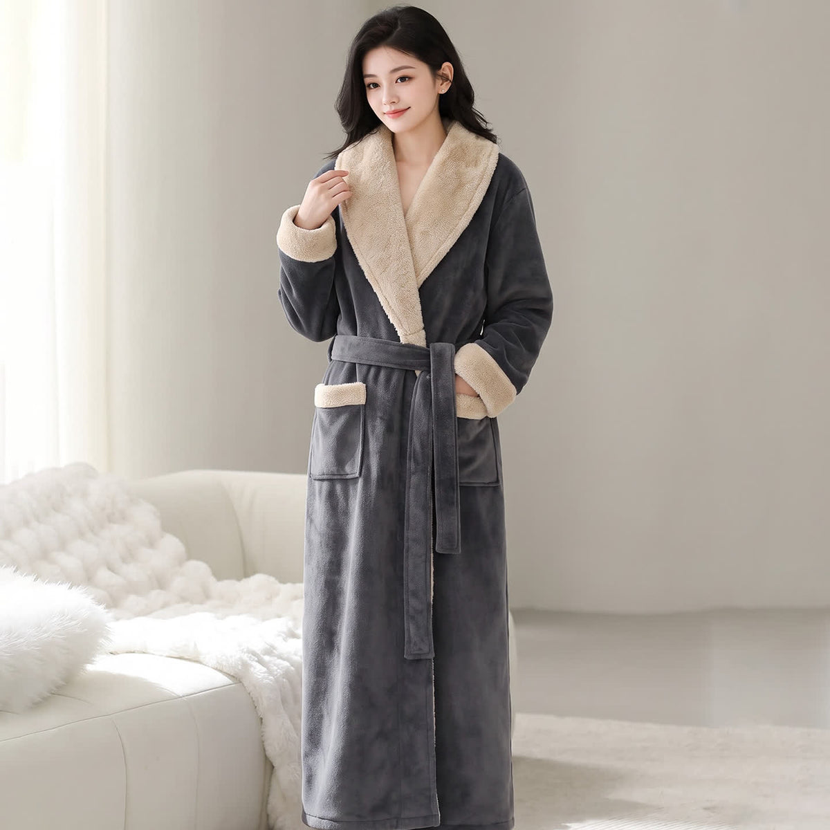 Cozy Shawl Collar Fleece Lounge Bathrobe - Dark Gray - Women XL - image 7