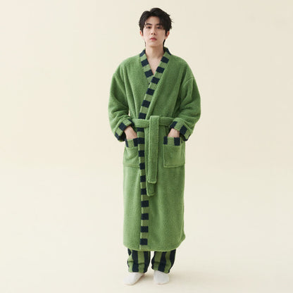 Soft Contrast Trim Plush Fleece Robe - Avocado Green - Bathrobe with pants - Men 2XL - image 3