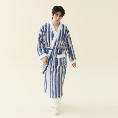 Longline Striped Fleece Kimono Bathrobe - Navy Blue - Men 2XL - image 8