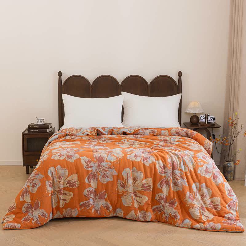 Reversible Orange & Blue Flower Cotton Quilt - image 13