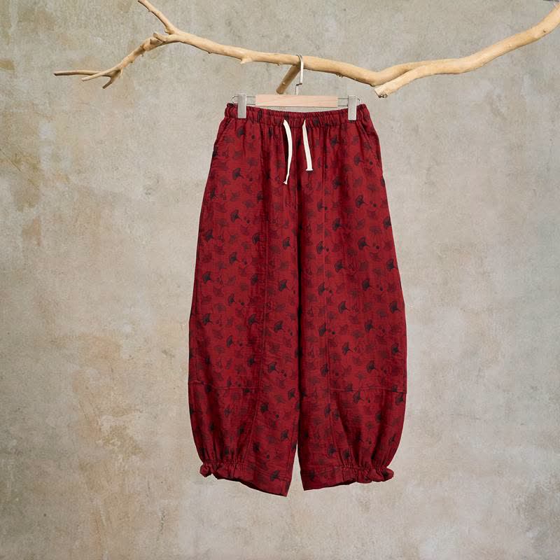 Vintage Ginkgo Leaf Cotton Harem Pants - Red - XXL - image 0