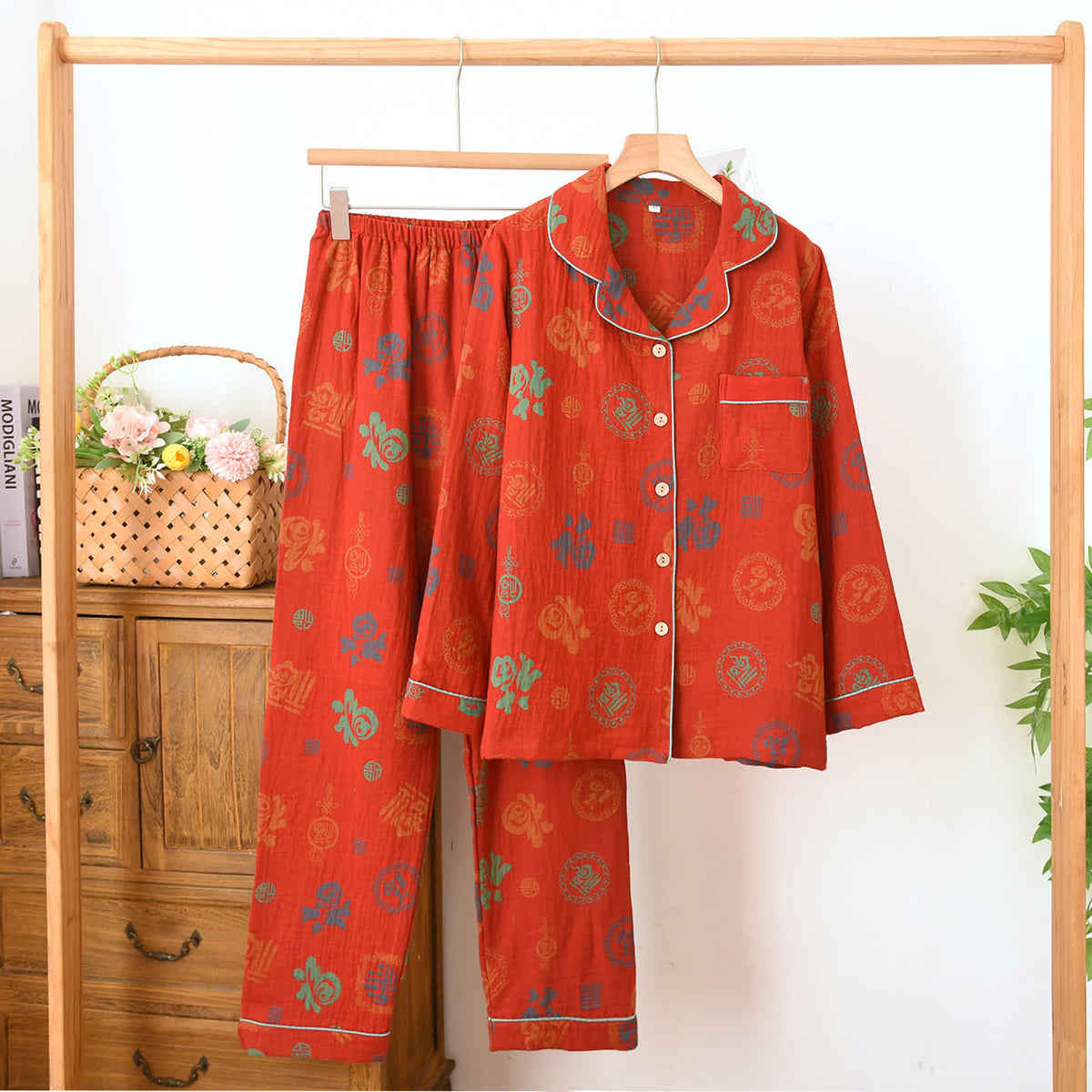 Chinese Red Cotton Fu Motif Pajama Set - Red - Lapel Collar - XL - image 3
