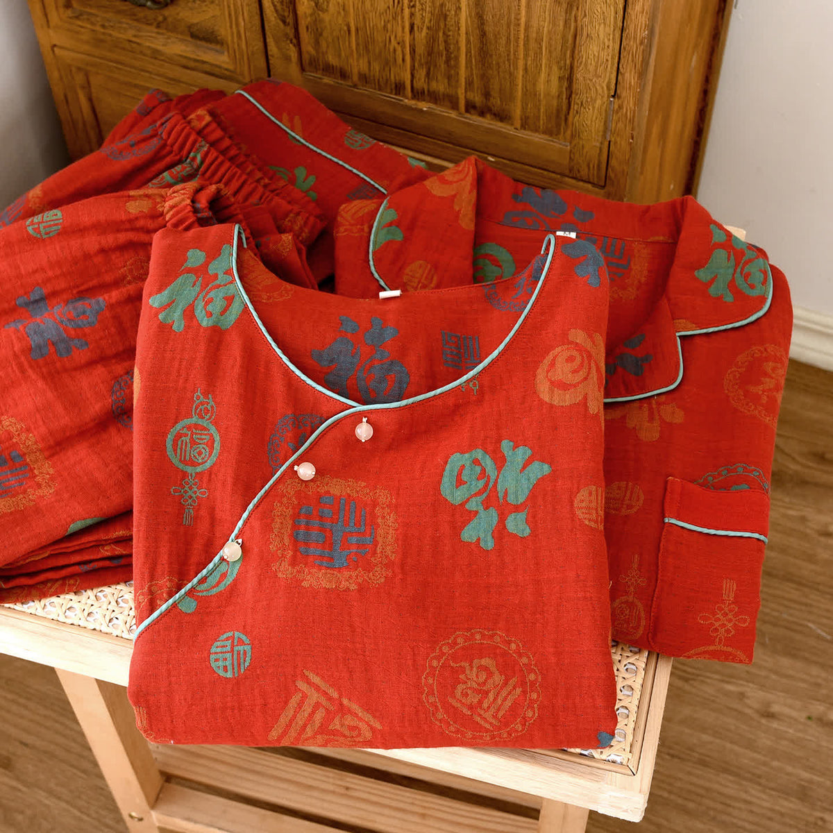 Chinese Red Cotton Fu Motif Pajama Set - image 1