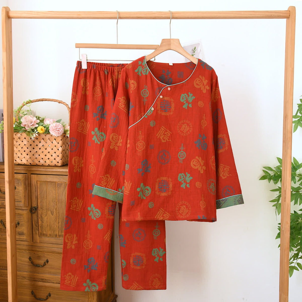 Chinese Red Cotton Fu Motif Pajama Set - Red - Round Neck - XL - image 2