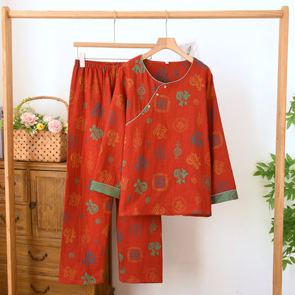 Chinese Red Cotton Fu Motif Pajama Set - Red - Round Neck - XL - image 2