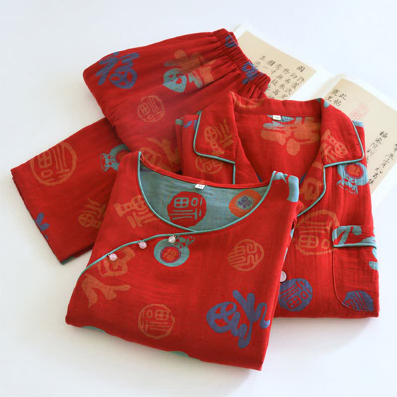 Festive Red Cotton Gauze Couple Pajama Set - image 1