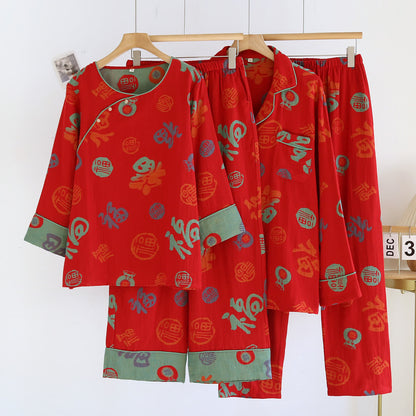 Festive Red Cotton Gauze Couple Pajama Set - image 0