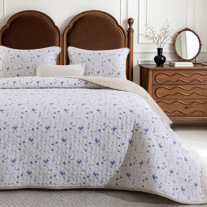 Blue Watercolor Flower Cotton Quilt Set - image 1
