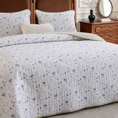 Blue Watercolor Flower Cotton Quilt Set - image 2