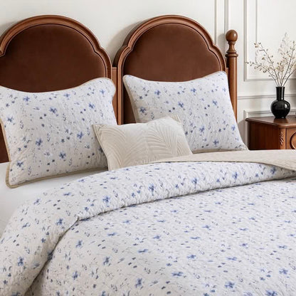 Blue Watercolor Flower Cotton Quilt Set - Creamy White - Quilt with 2PCS Pillowcases - King - image 0