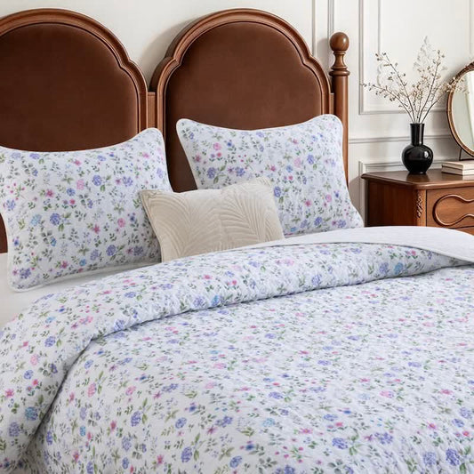 Watercolor Wildflower Cotton Quilt Set - Creamy White - Quilt with 2PCS Pillowcases - King - image 0