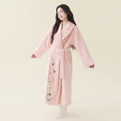 Floral Embroidered Long Shawl Collar Bathrobe - Pink - XL - image 5