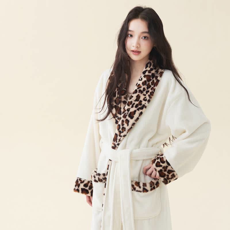 Leopard Trim Long Plush Fleece Bathrobe - image 2