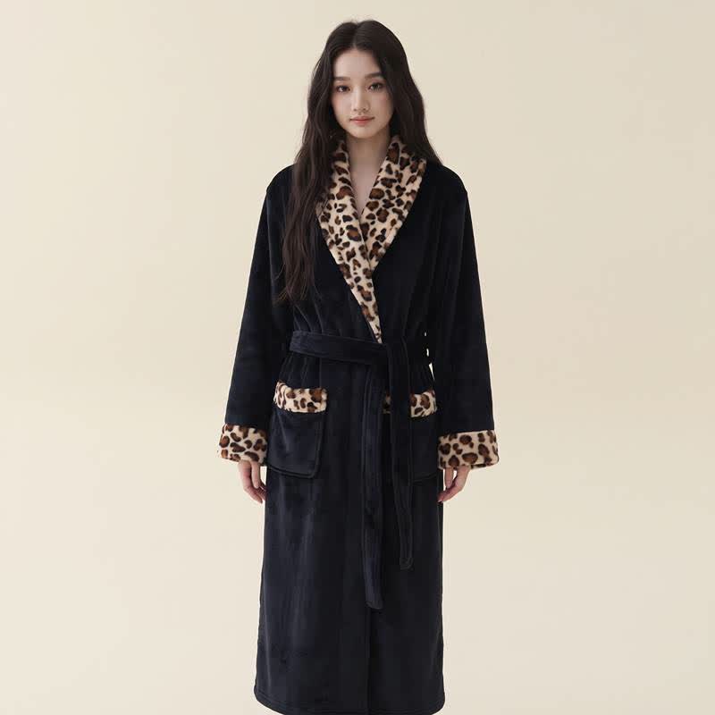 Leopard Trim Long Plush Fleece Bathrobe - Black - XL - image 4