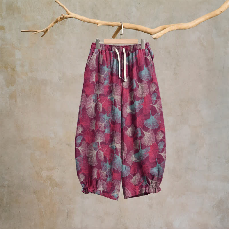 Relaxed Ginkgo Leaf Cotton Harem Pants - Fuchsia - XL - image 0