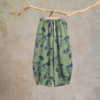 Ginkgo Branch Cotton Harem Pants with Pockets - Green & Blue - XL - image 18