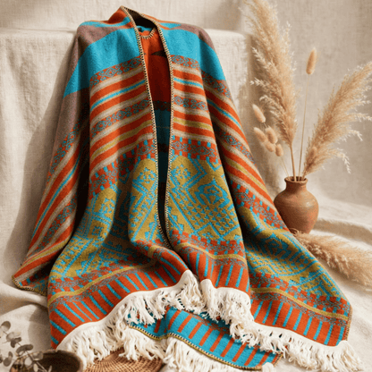 Colorful Geometric Woven Poncho Shawl Wrap - image 2