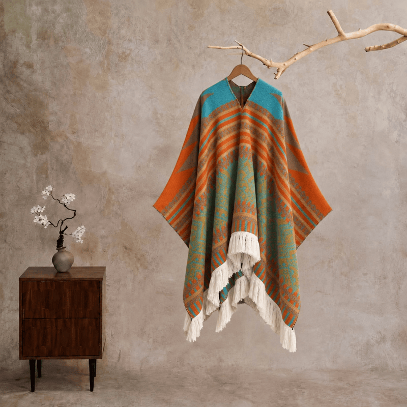 Colorful Geometric Woven Poncho Shawl Wrap - Pullover - 24" x 59" - image 5