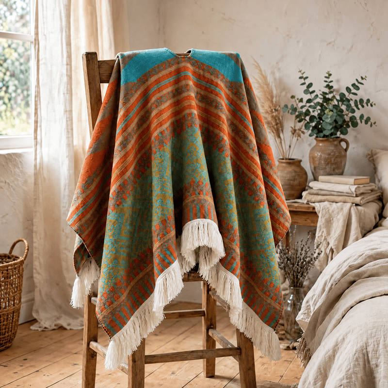 Colorful Geometric Woven Poncho Shawl Wrap - image 8