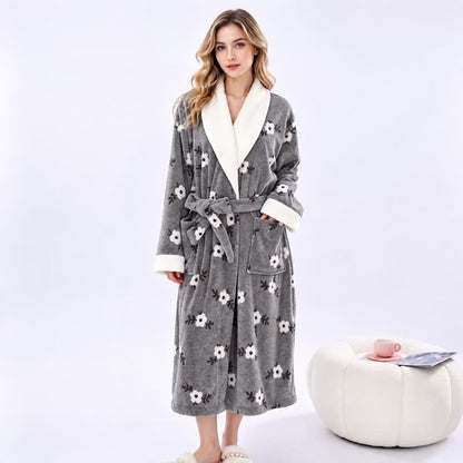 Soft Flower Coral Fleece Bath Robe - Dark Gray - One Size - image 21