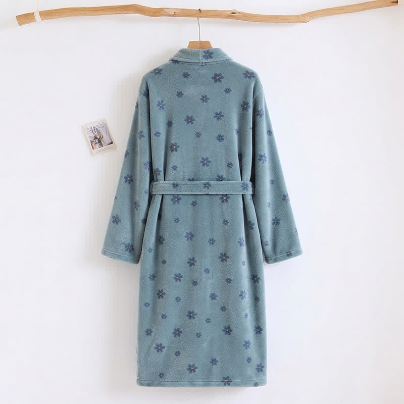 Floral Coral Fleece V-neck Wrap Bath Robe - image 11
