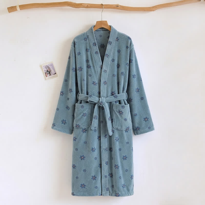 Floral Coral Fleece V-neck Wrap Bath Robe - Blue - One Size - image 10