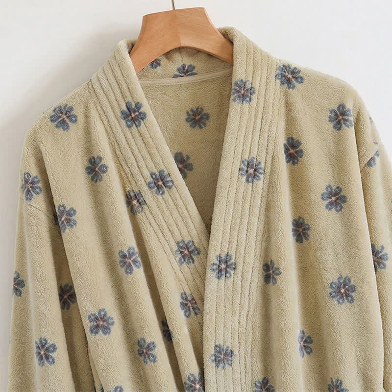 Floral Coral Fleece V-neck Wrap Bath Robe - image 7