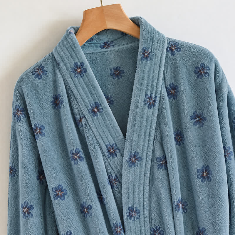 Floral Coral Fleece V-neck Wrap Bath Robe - image 12