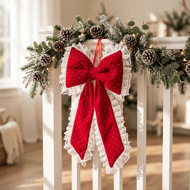 Red Lace Rhinestone Christmas Bow Ornament - image 2
