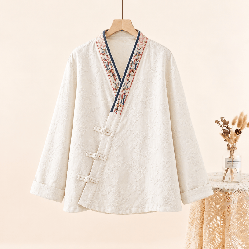 Vintage Cotton Linen Frog Button Lounge Top - White - 2XL - image 24