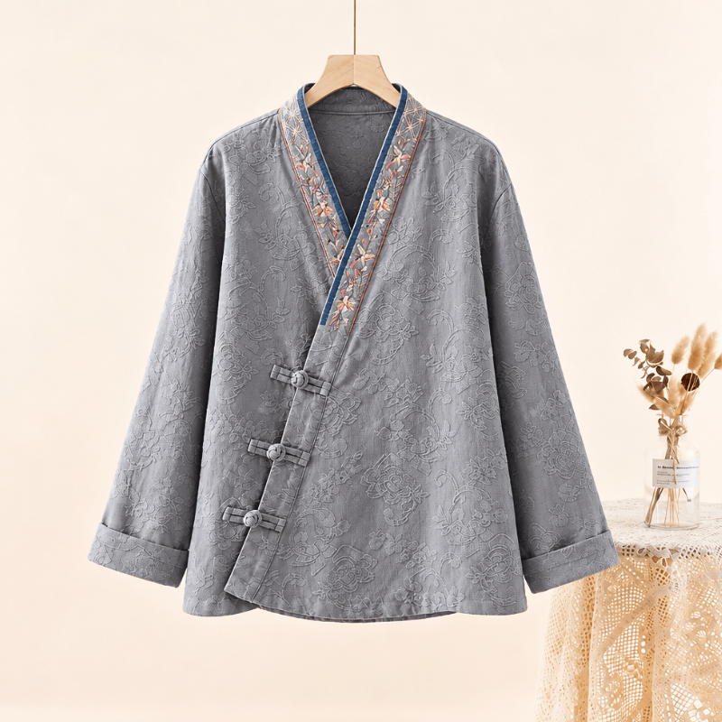 Vintage Cotton Linen Frog Button Lounge Top - Gray - 2XL - image 17