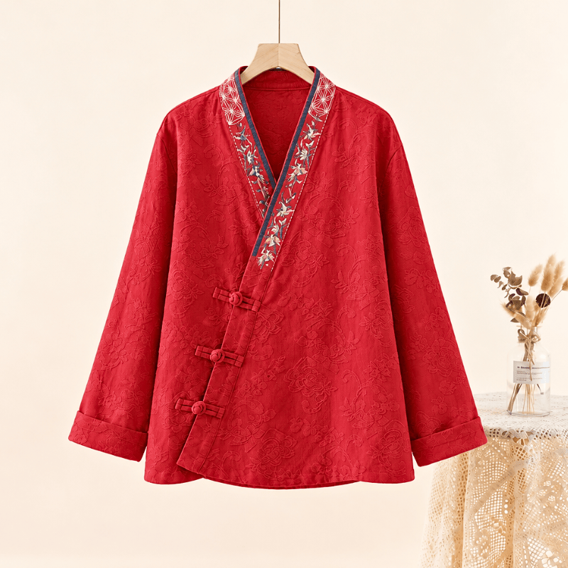 Vintage Cotton Linen Frog Button Lounge Top - Red - 2XL - image 10