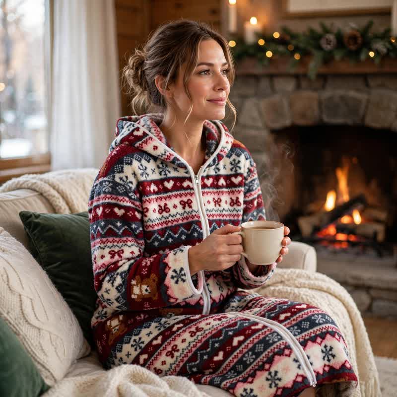 Christmas Snowflake & Bear Zip Hooded Fleece Robe - One Size - image 1