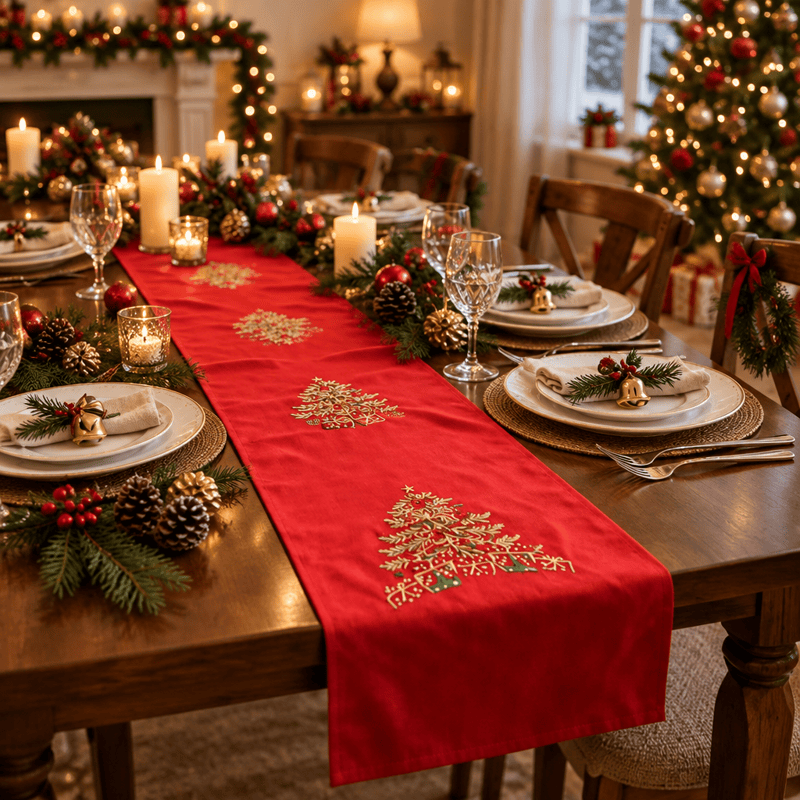 Red Embroidered Christmas Tree Table Runner - Red - 16" x 71" - image 0