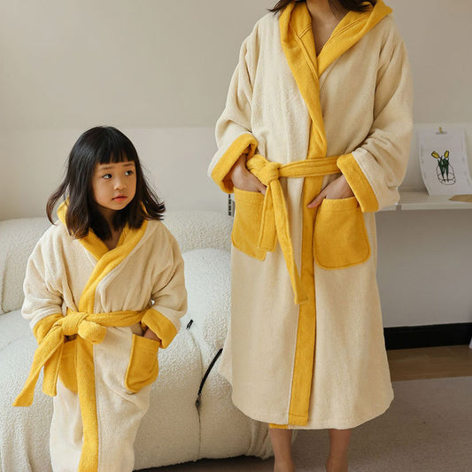 Flower Colorblock Cotton Hooded Bathrobe - Yellow - Adult: L - image 0