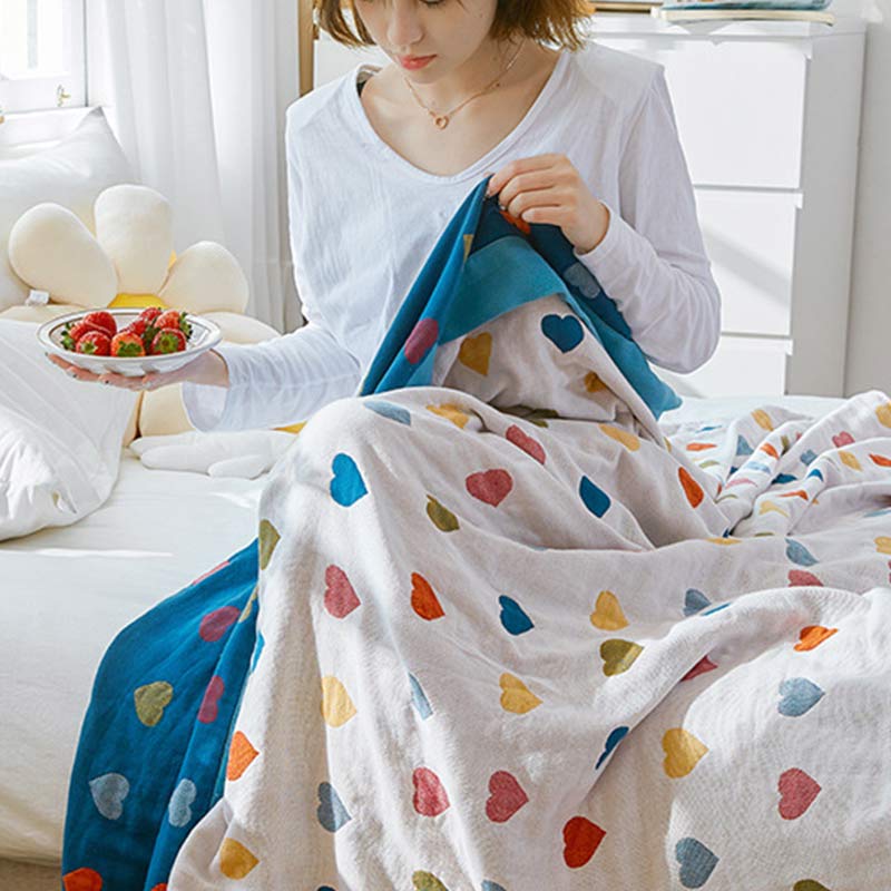 Colorful Hearts Cotton Gauze Reversible Quilt - image 10