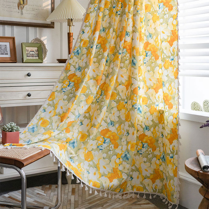 Yellow Flower Cotton Linen Curtain - Hook - 59"W x 118"L - image 0