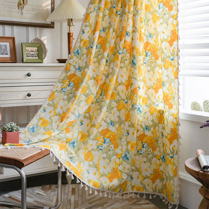 Yellow Flower Cotton Linen Curtain - Hook - 59"W x 118"L - image 0
