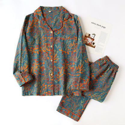 Vintage Leaf Cotton Lapel Loungewear Set - Blue & Orange - 2XL - image 12