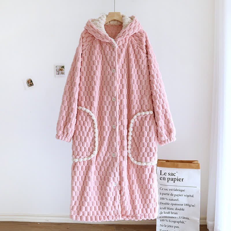 Solid Color Warm Flannel Hooded Bathrobe - Pink - L - image 2
