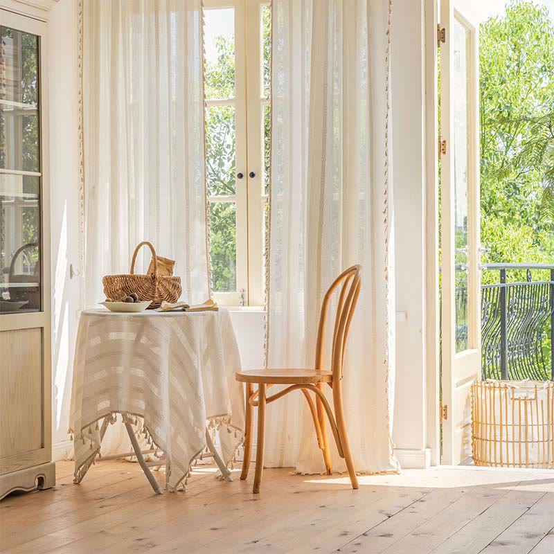 Stripe Semi-Blackout Curtain Hollow-Out Tassel Drapes - image 4