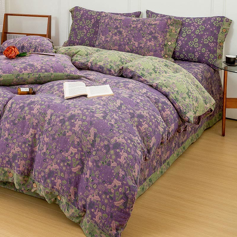 Boho Flower Purple Cotton Bedding Sets(4PCS) - image 2